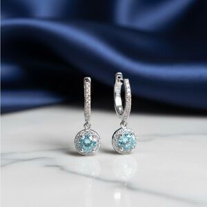 Round Halo Drop Dangle Hoop Earring Aquamarine CZ 925 Sterling Silver